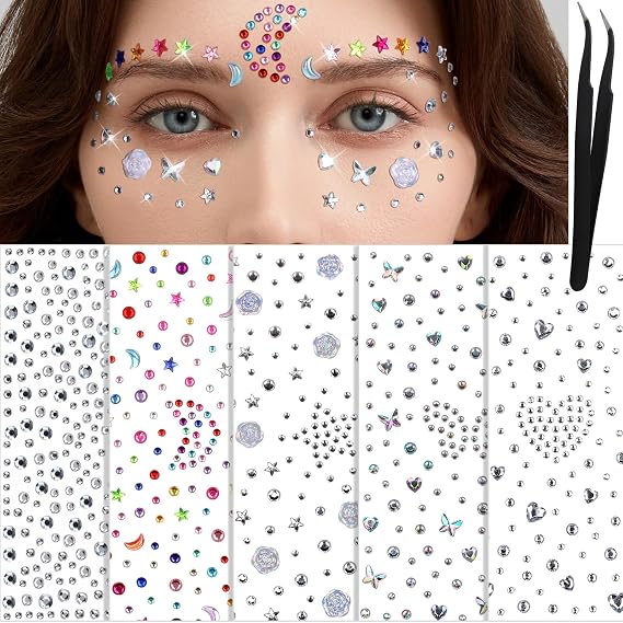 YGDZ Face Gems, Self Adhesive Face Jewels, Hair Gems, Festival Essentials Rhinestone Stickers, Rave Accessories, Face Stickers for Kids, Women