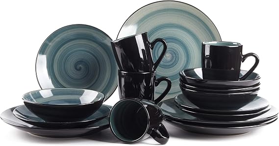 HomeVss Sonoma 16 Piece Stoneware Dinner Set, Outside Black + inside Handpainted Color Blue