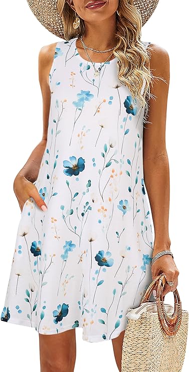 SimpleFun Summer Dresses for Women Beach Floral Tshirt Sundress Casual Pockets Boho Tank Dress