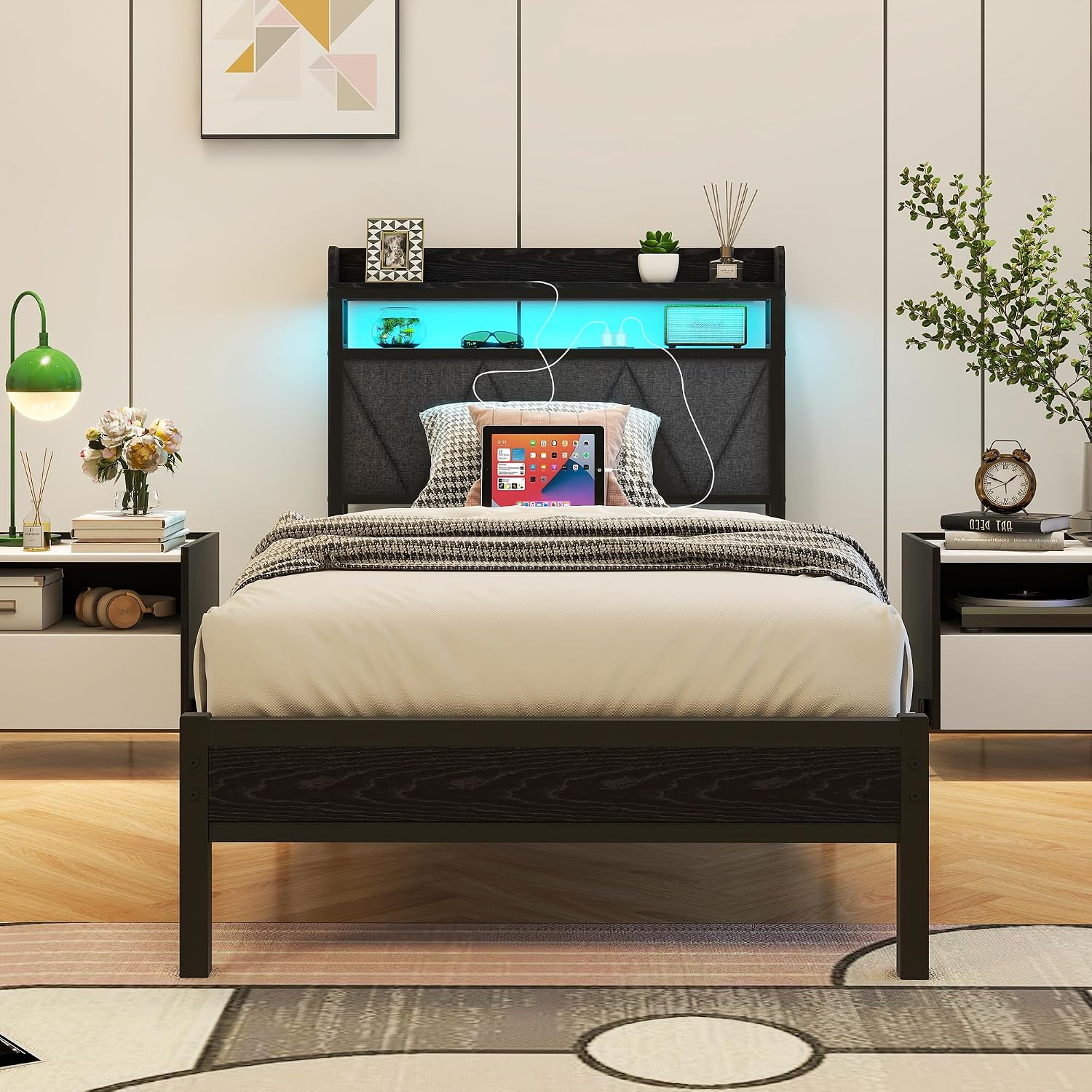 3ft Single Bed Frame with LED Lights Storage Upholstered Headboard and Charging Station, Solid Metal Platform Bed Single Size, No Box Spring Needed, Noise Free