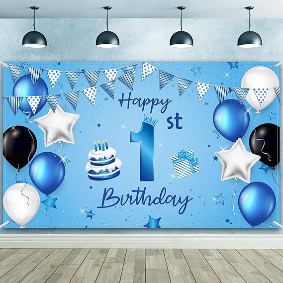 Blulu Happy 1st Birthday Backdrop Banner Blue Newborn Birthday Background