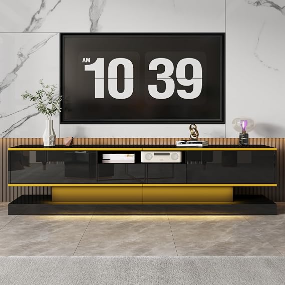 ModernLuxe High Gloss TV Unit with 3 Drawers and Open Compartment, Stylish TV Stand Cabinet with Color-Changing LED Lights, Elegant Modern Entertainment Center for Living Room, Black, 180 × 38 × 45 cm