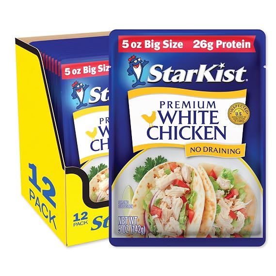StarKist Premium White Chicken, 5oz Pouch, 12-Pack | 26g Protein Per Serving, Fully Cooked White Meat, Gluten Free, Soy Free, No Draining, Ready to Eat for Salad and Sandwiches