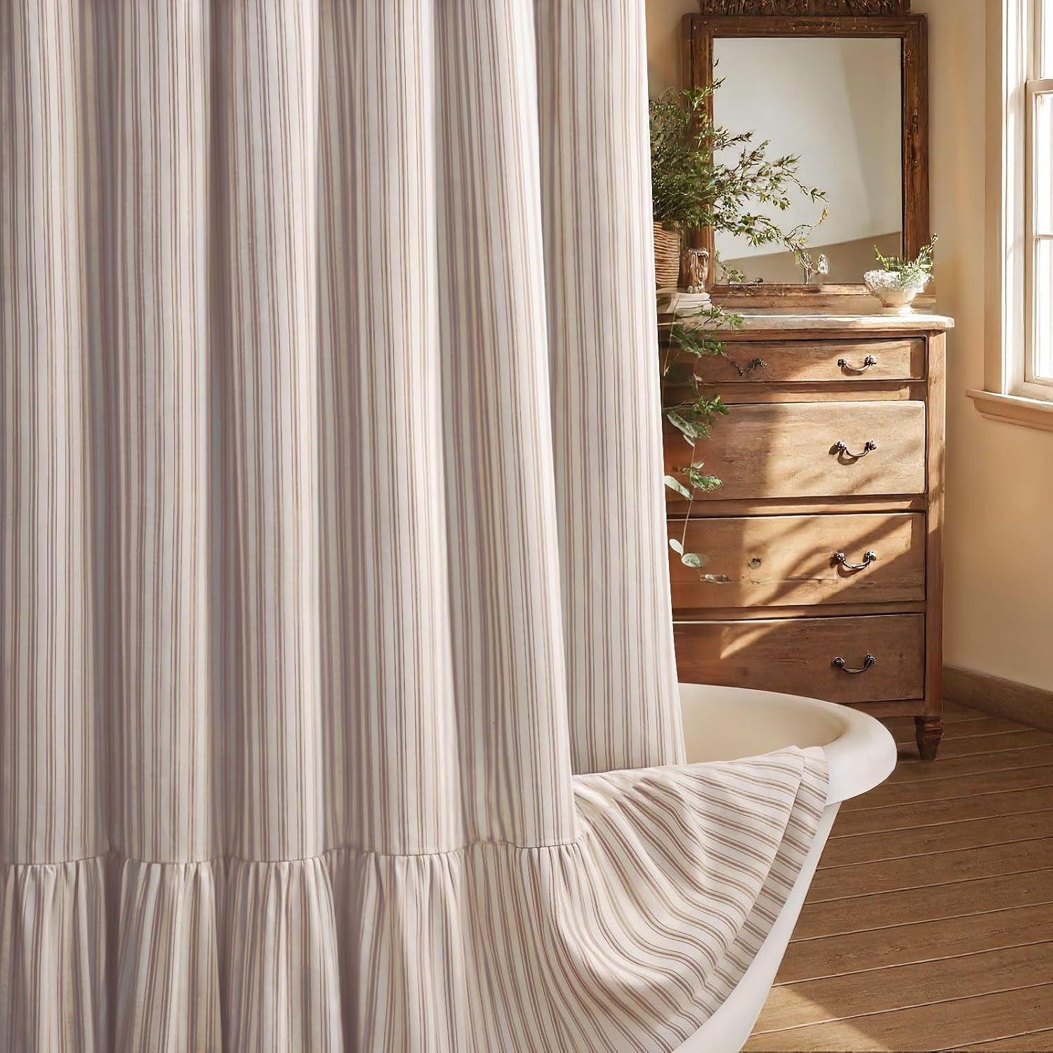 Farmhouse Shower Curtain with Ruffle Hem Linen Shower Curtains for Bathroom Country Vintage Rustic Natural Fabric, Cream-Brown Stripe 72 W x 72 L