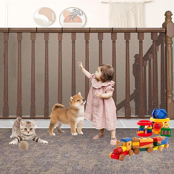 Balcony Safety Net for Kids Banister Guard-13ft x 3ft Child Safety Net, Balcony Mesh Screen for Pets, Dogs, Cats, Toys - Stair Railing Baby Proof (Brown)