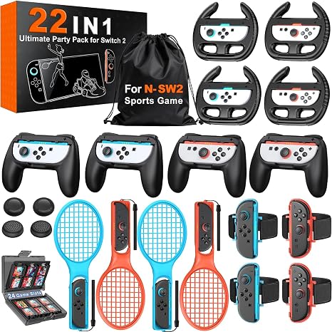 Switch 2 Sports Accessories Bundle 22 in 1 Family Party Kit for Nintendo Switch 2 Only, with Tennis Rackets, Steering Wheels, Wrist Straps, Grips, Joystick Caps, Card Case & Storage Bag