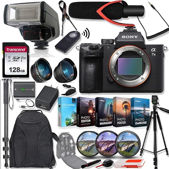 Sony Alpha a7 III Mirrorless Digital Camera (Body Only) ILCE7M3/B Bundle with Telephoto and Wide-Angle Lens Set, 128GB Memory Card, Microphone, TTL Flash, Camera Bag and Accessories