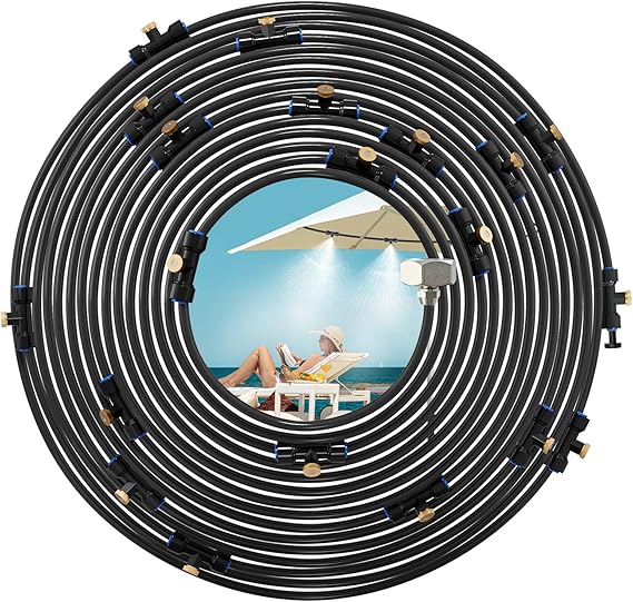 Misting Cooling System, 26FT (8M) Misting Line + 7 Brass Mist Nozzles + Brass Adapter(3/4") Outdoor Mister for Patio Garden Greenhouse Trampoline for Waterpark