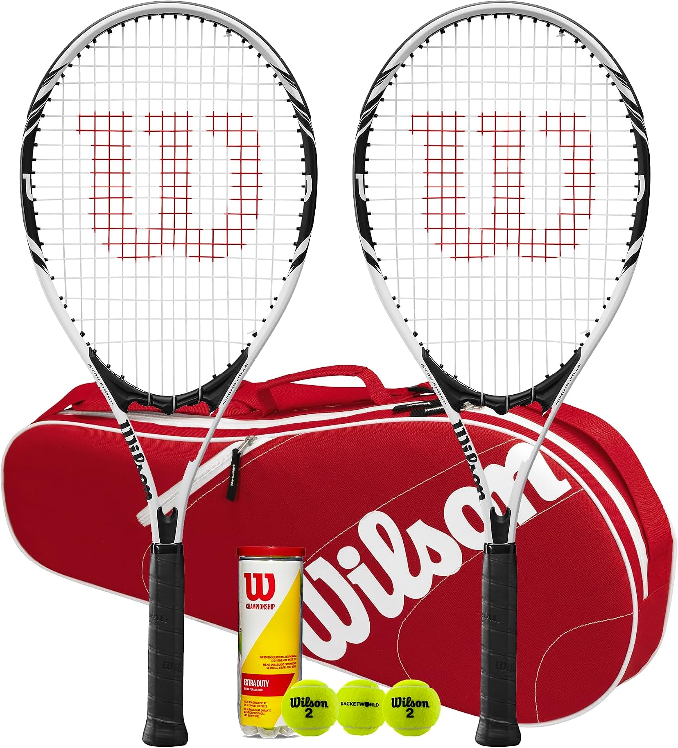 Wilson Federer Adult White Series Tennis Racket with Advantage Bag & Tennis Balls (Various Bundle Options) (with Red Advantage Bag)