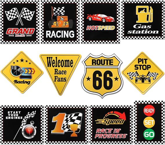 Gejoy 12 Pcs Race Car Party Signs Checkered Flags Cutouts Racing Theme