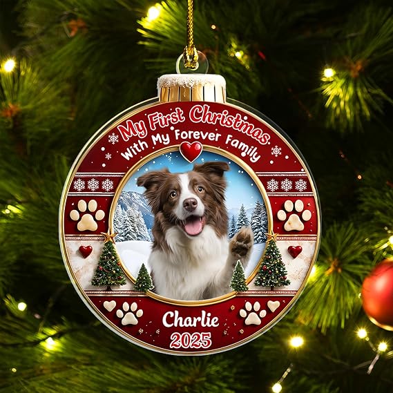 PAVO Custom Dog Ornament, Personalized Pet Christmas Ornament, Dogs First Christmas 2025 Keepsake with Photo and Name, Pet Ornament for Puppy, Acrylic Decoration 46 Inches