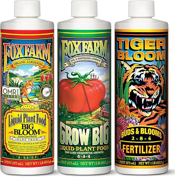 FoxFarm Soil Liquid Trio Pack - Big Bloom, Grow Big, Tiger Bloom Fertilizers Supports Vigorous Plant Growth, Bud Development & Abundant Fruit - Complete Liquid Plant Food Set - 3 Pint Bottles