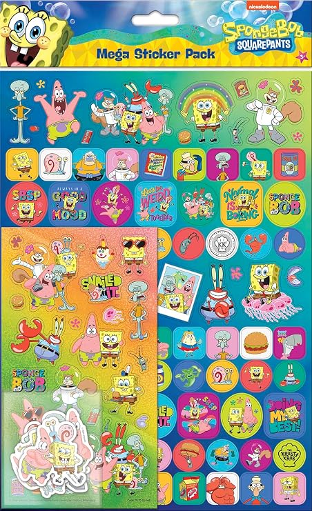 SpongeBob SquarePants Mega Sticker Pack | Officially Licensed Product | Three Types of Stickers (around 120 stickers) | Reusable on Non-Porous Surfaces | Unisex | Age 3+ | Gifts, Presents & Party Bags