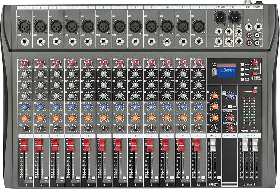 Studio Audio Mixer, 12-Channel DJ Sound Controller Interface with Multi-Track USB Bluetooth and 48V Phantom power, XLR Microphone Jack, RCA Input/Output