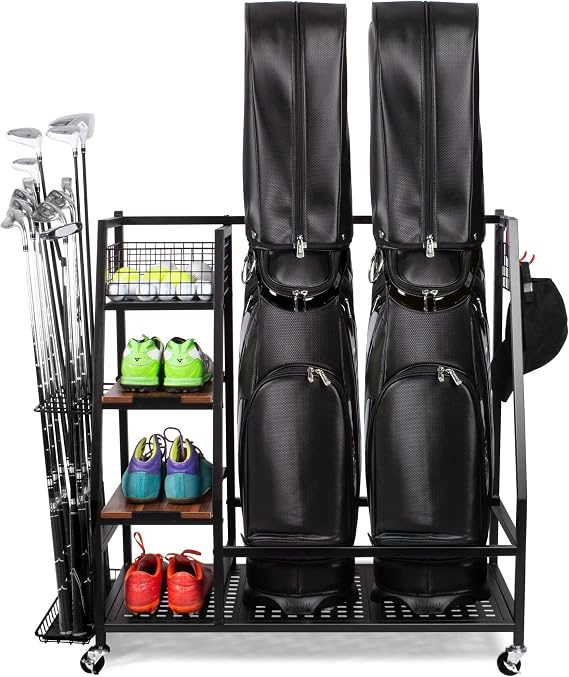 Sttoraboks Golf Bags Storage Garage Organizer, Golf Bag Rack Fits 2/3 Golf Bags and Golf Equipment Accessories, Golf Club Storage Stand with Wooden Shelf and Lockable Wheels for Garage Indoor Basement