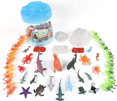 Sunny Days Entertainment Sea Creature Bucket 56 Piece Toy Play Set for Kids | Aquatic Animals Plastic Figures Playset with Storage Bucket