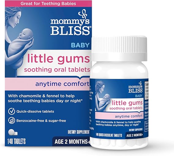Mommy's Bliss Little Gums Soothing Oral Tablets, Great for Teething Babies, Benzocaine-Free & Sugar-Free, 2 Months+, 1 Bottle (140 Tablets)