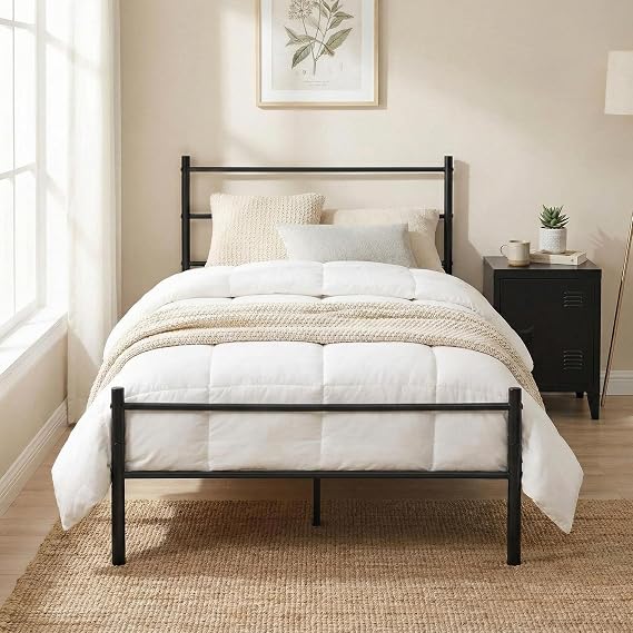 FurnitureR Black Metal Single Bed Frame with Decorative Headboard, 28cm Under-Bed Storage, Heavy Duty Steel Slats, Noise-Free Platform Bed, Easy Assembly