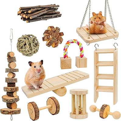 Hamster Toys 11 Pack Guinea Pig Wooden Chinchilla Chews Toys Small Rodents Activity Toys Accessories Natural Molar Teeth Care for Rabbits, Rat