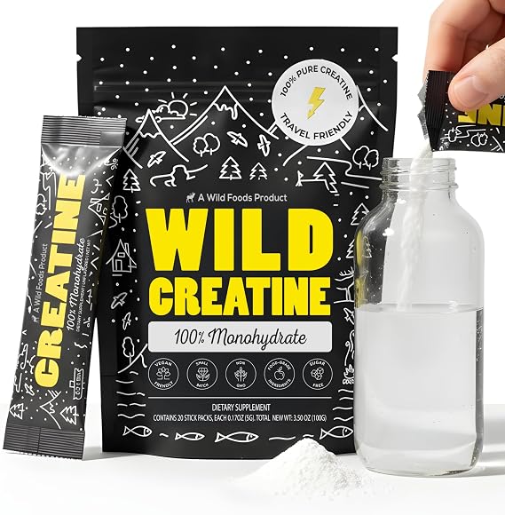 Wild Foods 100% Creatine Monohydrate Powder Packets - 20 Packets - for Brain & Performance Pure Creatine Travel Packs for Men & Women, USA Made 5g Creatina Per Serving
