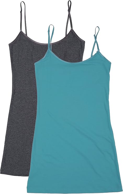 Bozzolo RT1002 PK Ladies Adjustable Spaghetti Strap Long Tank Top 2Pack - H.Charcoal/Teal S