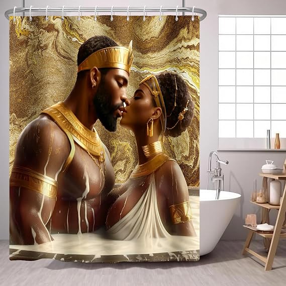 African American Couple Shower Curtain Black Queen King Lovers Golden Marble 72x72 in