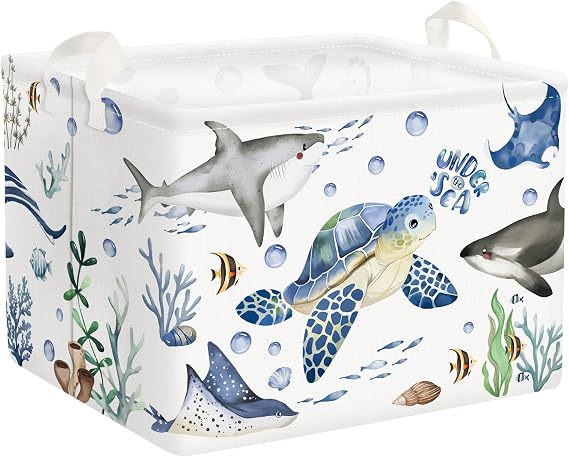Clastyle Fish Sea Turtle Baby Basket Ocean Coral Seaweed Starfish Toy Book Shelf Basket Waterproof Pool Toy Beach Towel Storage Bin Large Dirty Clothes Laundry Hamper, Shark, 40 * 30 * 30 cm