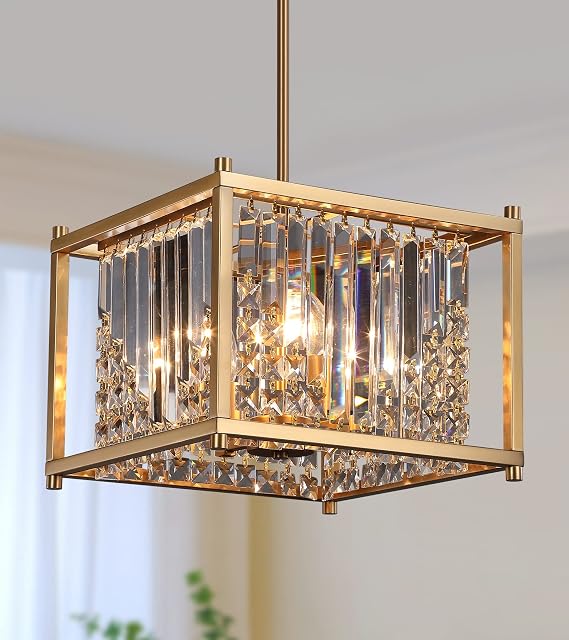 Q&S Gold Chandelier,Modern Industrial Gold Square Crystal Chandeliers 4 Lights Hanging Pendant Light Fixture for Dining Room Hallway Entryway Kitchen Island UL Listed