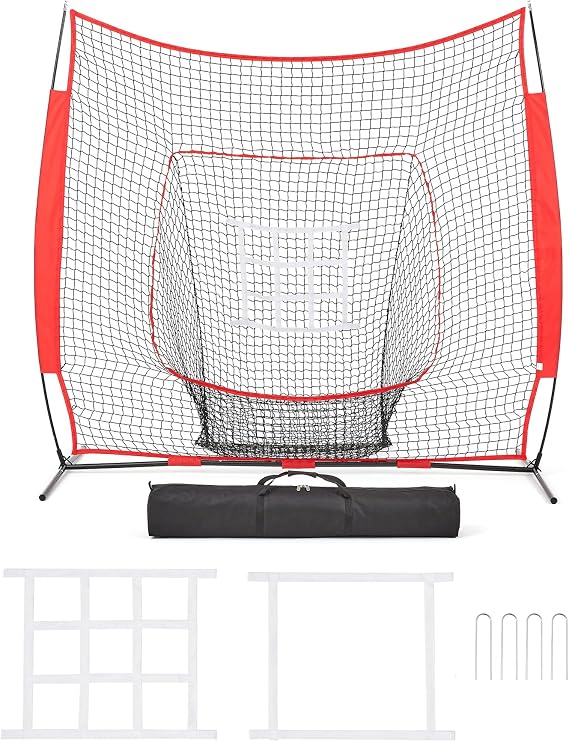 Amazon Basics Portable Baseball & Softball Hitting, Pitching, Practice Net with Strike Zone, Metal Frame, Thick Netting, Carry Bag Included, 7x7 ft