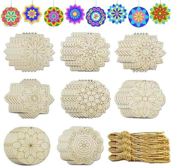 40 Pack 4 Inch Unfinished Wood Mandala to Paint Wooden Mandala Painting Crafts Art Slices for for Door Hanger Decor Halloween Christmas Wedding Birthday Party Thanksgiving Day Decoration