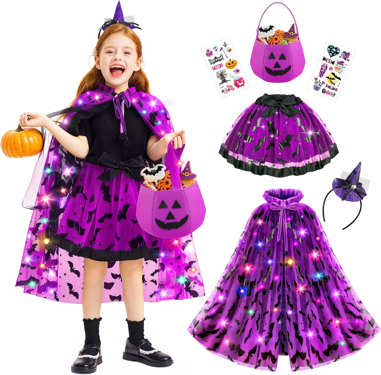 Jeowoqao Light up Witch Cape, Girls Halloween Bat Costume Bat Tutu Trick or Treat Bag, Witches Headband Halloween Dress up for Toddlers Girl 3 4 5 6