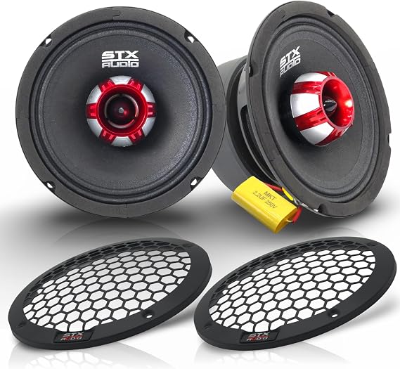 STX Audio 2X X65.2B 6.5" Midrange Speaker, 850 Watts Max Power, 4 Ohm, 91 dB Sensitivity, Black Press Paper Cone for Car Audio with High Capacitor and Black Grills (1 Pair)