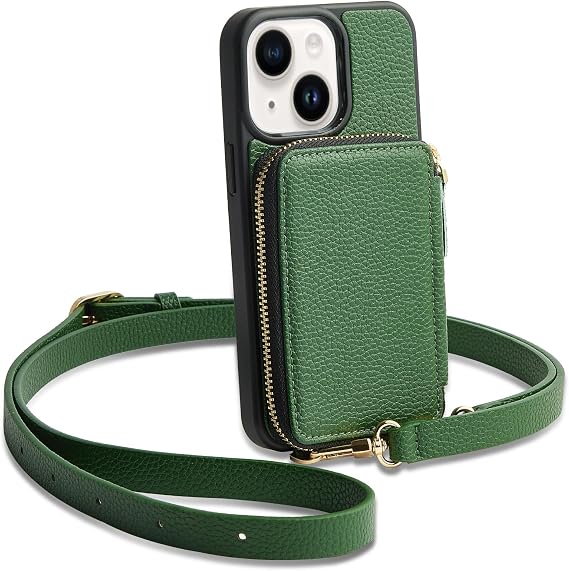 ZVE for iPhone 14 Wallet Case Crossbody, Zipper Phone Case with RFID Blocking Card Holder Wrist Strap, Purse Cover for Women Compatible with iPhone 14, 6.1", 2022-Dark Green