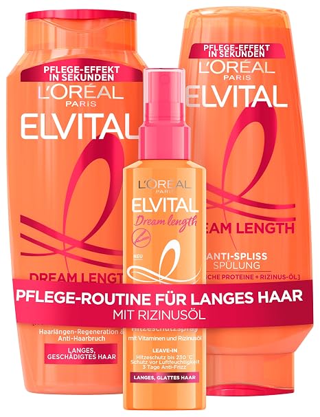 L'Oreal Paris Elvital Germany's Next Top Model Hair Care Routine for Long and Damaged Hair: Dream Length Set with Shampoo 300ml Rinse 250ml and Heat Protection Spray 150ml
