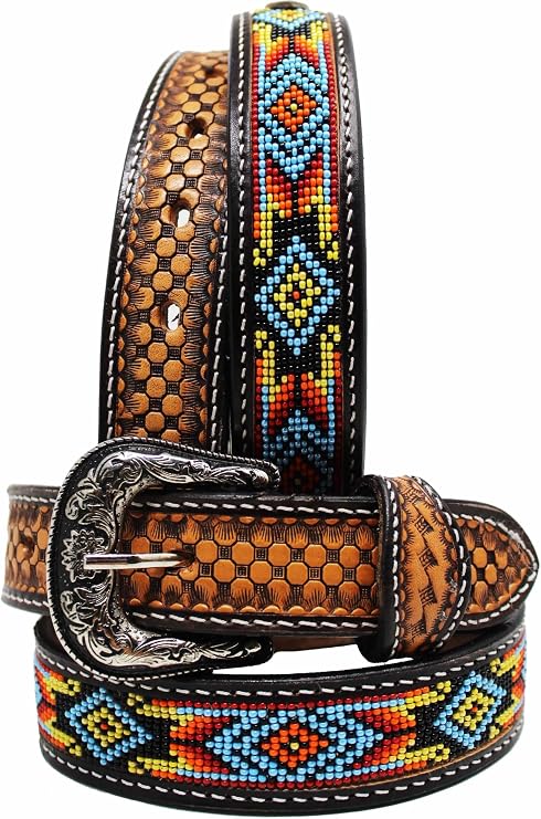 Kids Youth Western Rodeo Floral Tooled Beaded Leather Belt 26RT12Kids