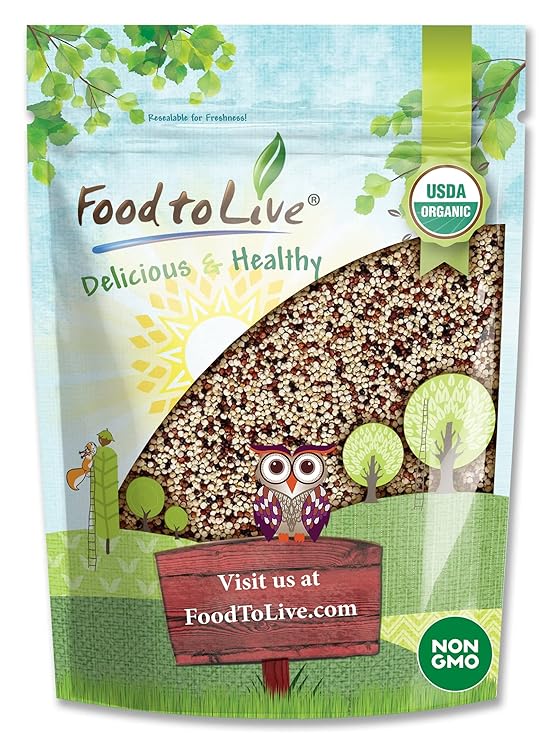 Food to Live Organic Tri-Color Quinoa, 1 Pound Non-GMO, Blend of White, Black, and Red Quinoa, Whole Grain, Raw Seeds, Non-Irradiated, Kosher, Vegan, Sproutable, Sirtfood, Bulk, Rice Replacement.