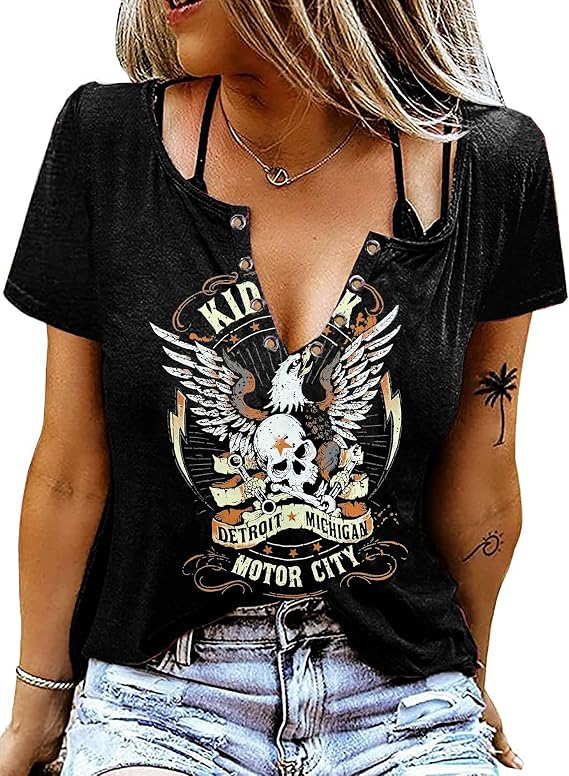 Vintage Rock Roll Concert T-Shirt Women Loose Casual Shirt Tops Funny Skeleton Eagle Graphics V Neck Short Sleeve