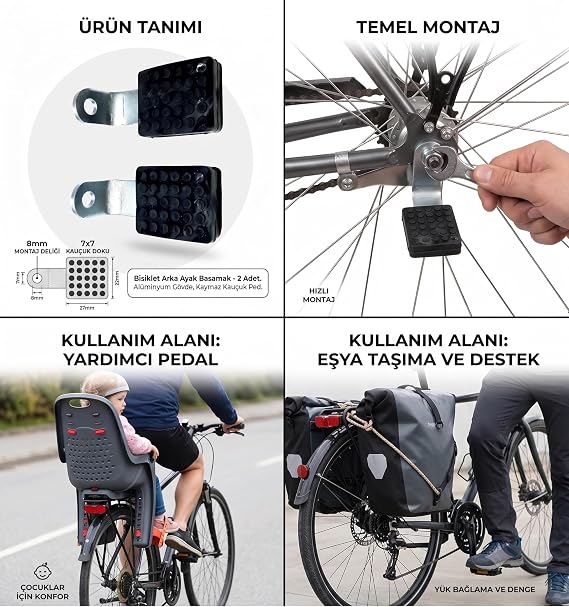 Bisiklet Arka Ayak Basamak 2'li Set, Metal Gövde | Kaymaz Kauçuk Ped, Hızlı Montaj
