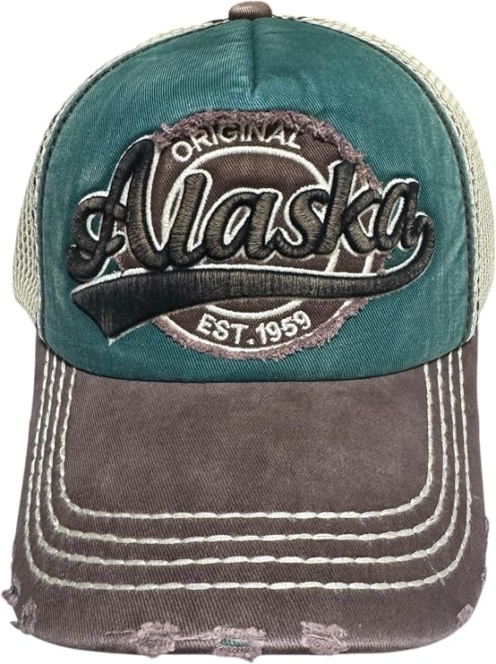 Robin Ruth Quality Ball Cap Hat Alaska Design Soft Distressed Bill Mesh Chocolate Brown and Green