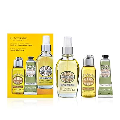 LOccitane Supple Skin System: Hydrate & Soften, Almond Oil Infused Trio Featuring Almond Supple Skin Oil, Almond Shower Oil, and Almond Delicious Hand & Nail Care Lotion, Bath and Body Gift Set