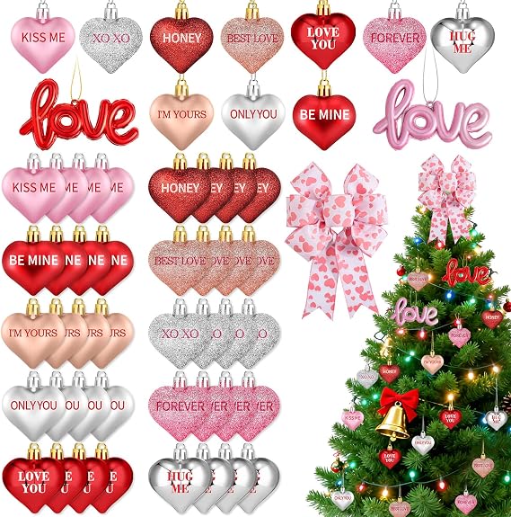 43Pcs Valentine's Day Heart Shaped Ornaments with Valentine Tree Topper Bow, 13 Styles Heart Shaped Ornament with Sweet Love Words, Valentine Ornaments for Tree Wedding Anniversary Decoration