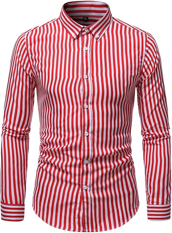 DGHM-JLMY Men's Long Sleeve Spring Stripe Printed Shirt Thin Casual Slim Striped Shirt Fit Pinstriped Button Down Shirts (Red,Large)