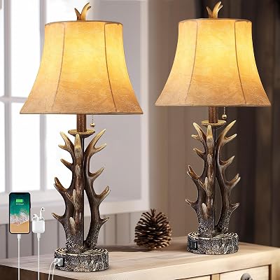 Antler Table Lamps Set of 2 with USB AC Ports 28 Tall Rustic Farmhouse Deer Bedside Lamps with Faux Leather Bell Shade for Bedroom Living Room Office Decor Western Cabin End Table Lamp, Pull Chain