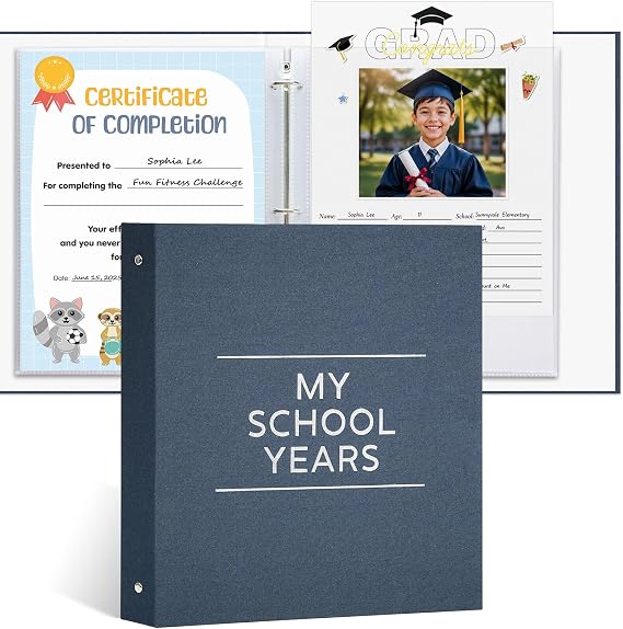 School Memory Book, 3 Ring Binder Scrapbook - Gray Blue