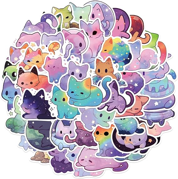 50Pcs Fantasy Starry Sky Cat Stickers Pack - Cute Rainbow Color Cat Stickers Decals for Kids, Waterproof, Vinyl Laptop Stickers Pack, Classroom Prizes for Elementary Students (Astral Cat)
