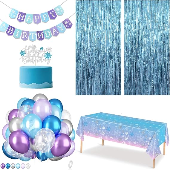 CIEHER Snowflake Birthday Decorations for Girls Set - Birthday Banner, Snowflake Plastic Tablecloth, 60PCS Balloons, Cake Topper and 2 Pack Blue Streamers
