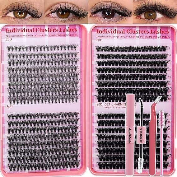 Lash Clusters Kit 640pcs Eyelash Clusters Wispy Cluster Mixed Length 9-16mm Pestañas Postizas Naturales Lash Extension Including Lash Bond&Seal,Lash Tweezers (20D+40D+60D+80D Kit,9-16mm)