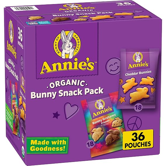 Annie's Organic Bunny Snack Pack, Variety Pack, Non-GMO, 36 ct, 36 oz | Cheddar Bunnies & Bunny Grahams Variety, Certified USDA Organic, No Artificial Flavors or Synthetic Colors