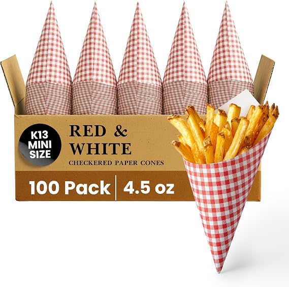 Friteshop Red & White Check Paper Cones K-13 Mini 4.5 oz - Disposable, Grease Absorbing - Hors doeuvres and French Fries Holder, Catering and Parties - Durable European Made Snack Holder - 100 Count