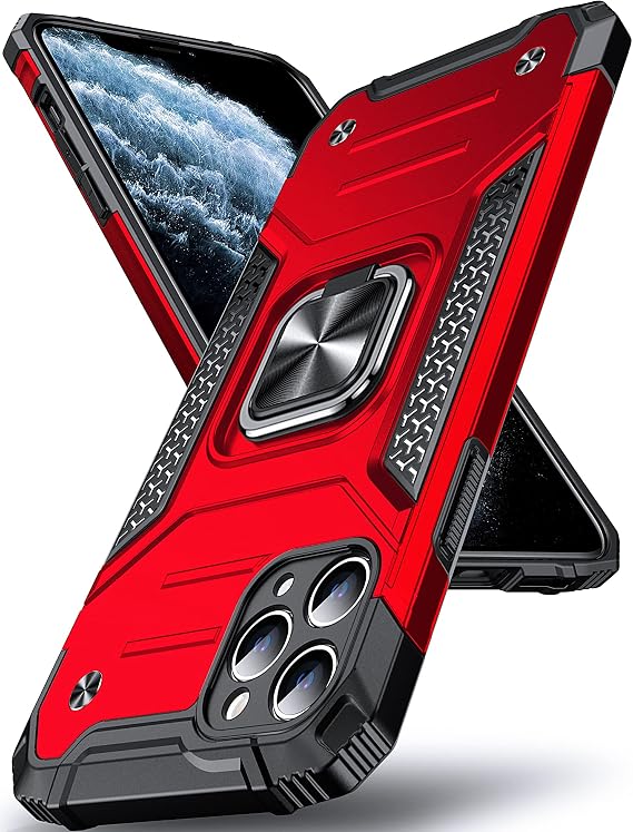 DASFOND Armor Case for iPhone 11 Pro Max Case with Camera Protection Military Shockproof Mobile Phone Case [Upgrade 2.0] 360 Degree Metal Ring Holder Stand Protective Case [for Mobile Phone Holder Car Magnet] Red